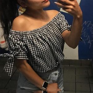 Gingham print off shoulder top
